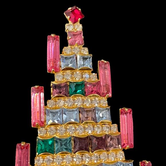 Vintage Dominique Candle Christmas Tree Brooch Pin Rhinestone Jewelry Signed - Picture 5 of 9